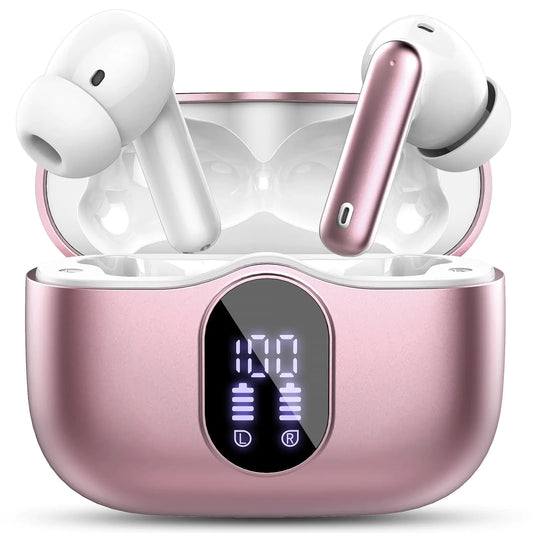 Wireless Earbuds Bluetooth 5.4 Headphones Bass Stereo Ear Buds with Noise Cancelling Mic LED Display in Ear Earphones IP7 Waterproof 36H Playtime for Laptop Pad Phones Sports Workout Rose Gold