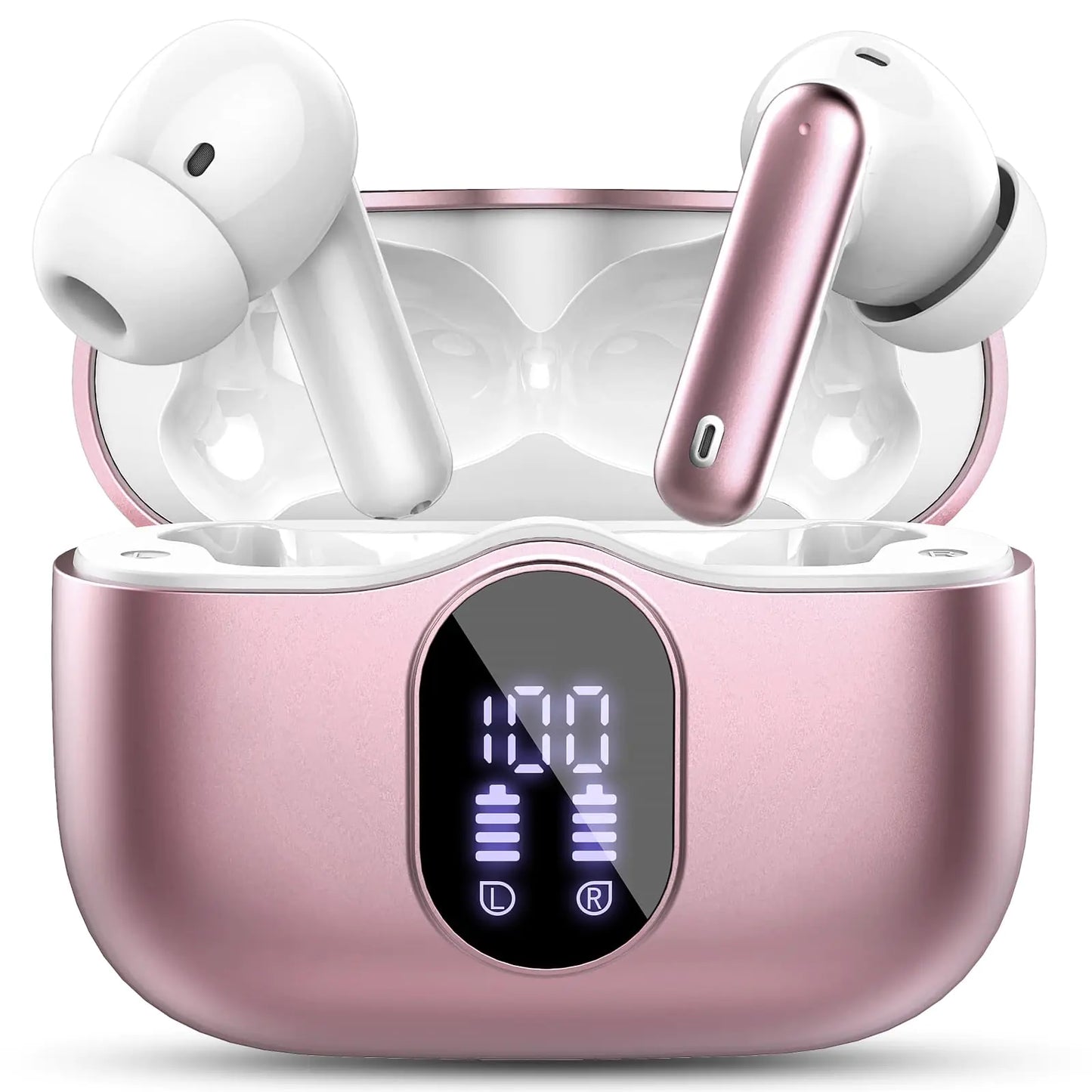 Wireless Earbuds Bluetooth 5.4 Headphones Bass Stereo Ear Buds with Noise Cancelling Mic LED Display in Ear Earphones IP7 Waterproof 36H Playtime for Laptop Pad Phones Sports Workout Rose Gold